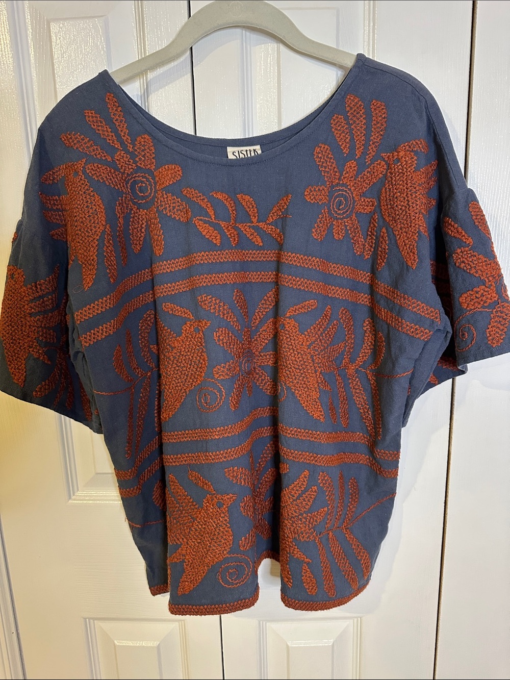 Sister Mary Navy Top with Rust Floral Embroidery - Relaxed Tunic